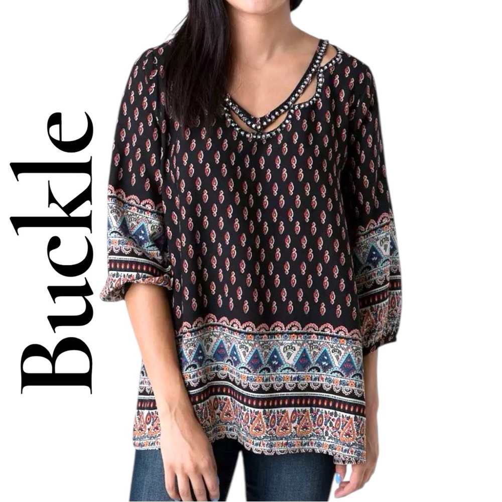 Buckle-Medium boho tunic w/rhinestones. 100% rayon, 3/4 sleeve. Gorgeous! EUC!